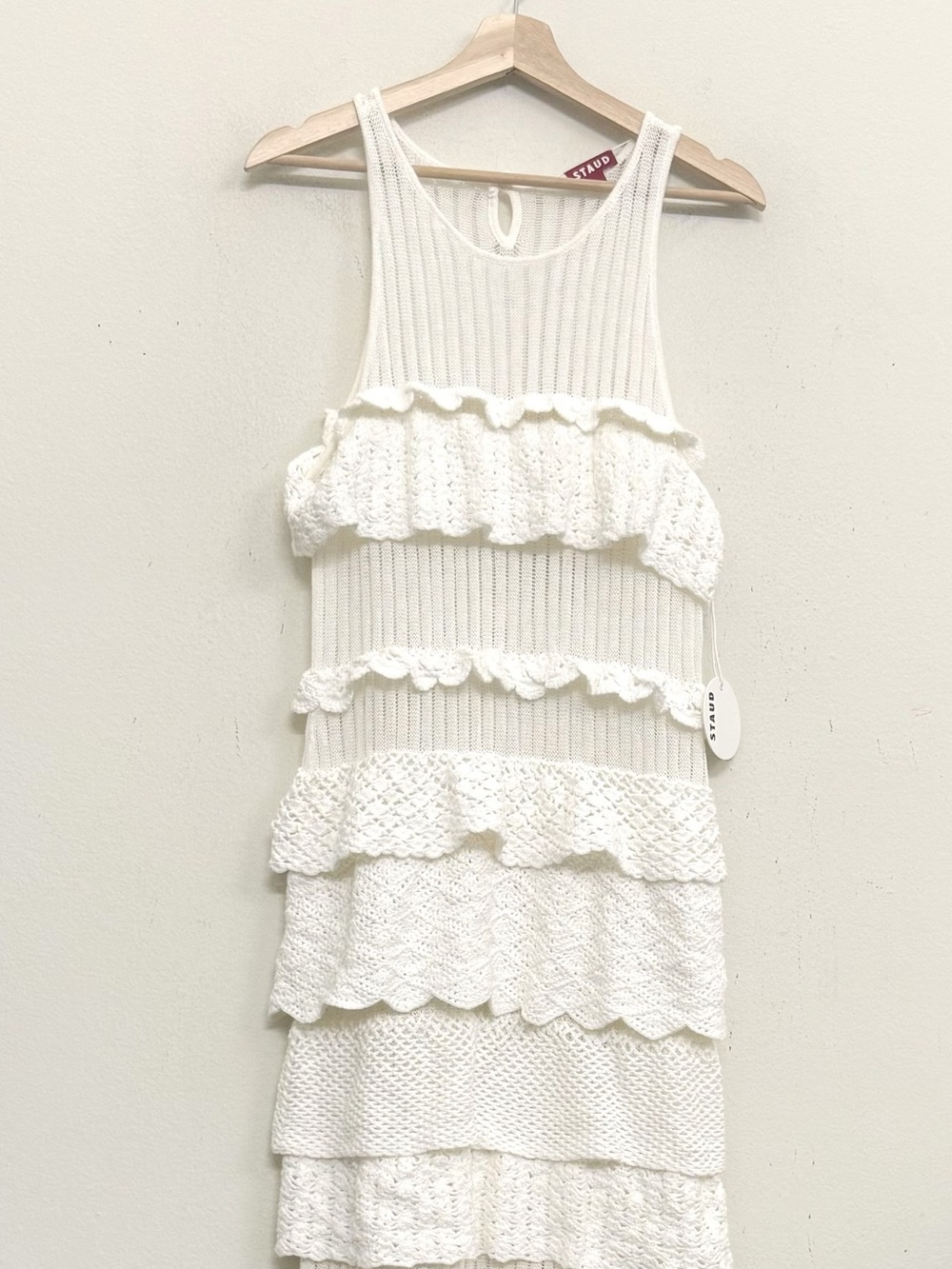 NWT STAUD Sorrento Crochet Knit Tiered Maxi Dress in White Sz L - Picture 9 of 17